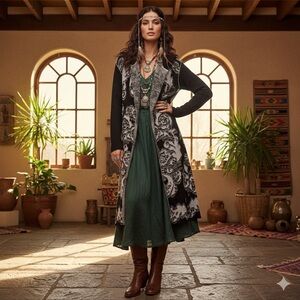 Free People “After the Storm” Black Brocade Knit Hooded Cardigan M Wool Blend